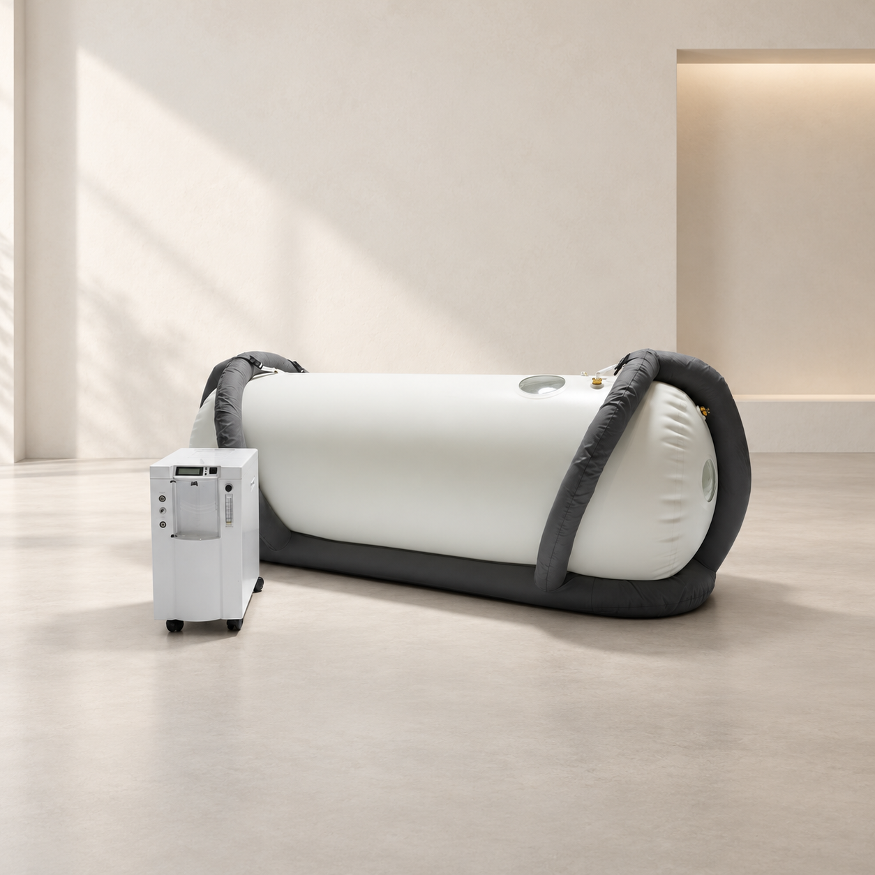 White portable lying chamber and oxygen unit in a clean, softly lit room