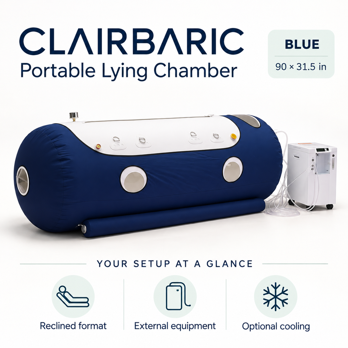 Blue 90 x 31.5 in Portable Lying Chamber. Reclined format, external equipment and optional cooling — illustrated configuration guide.