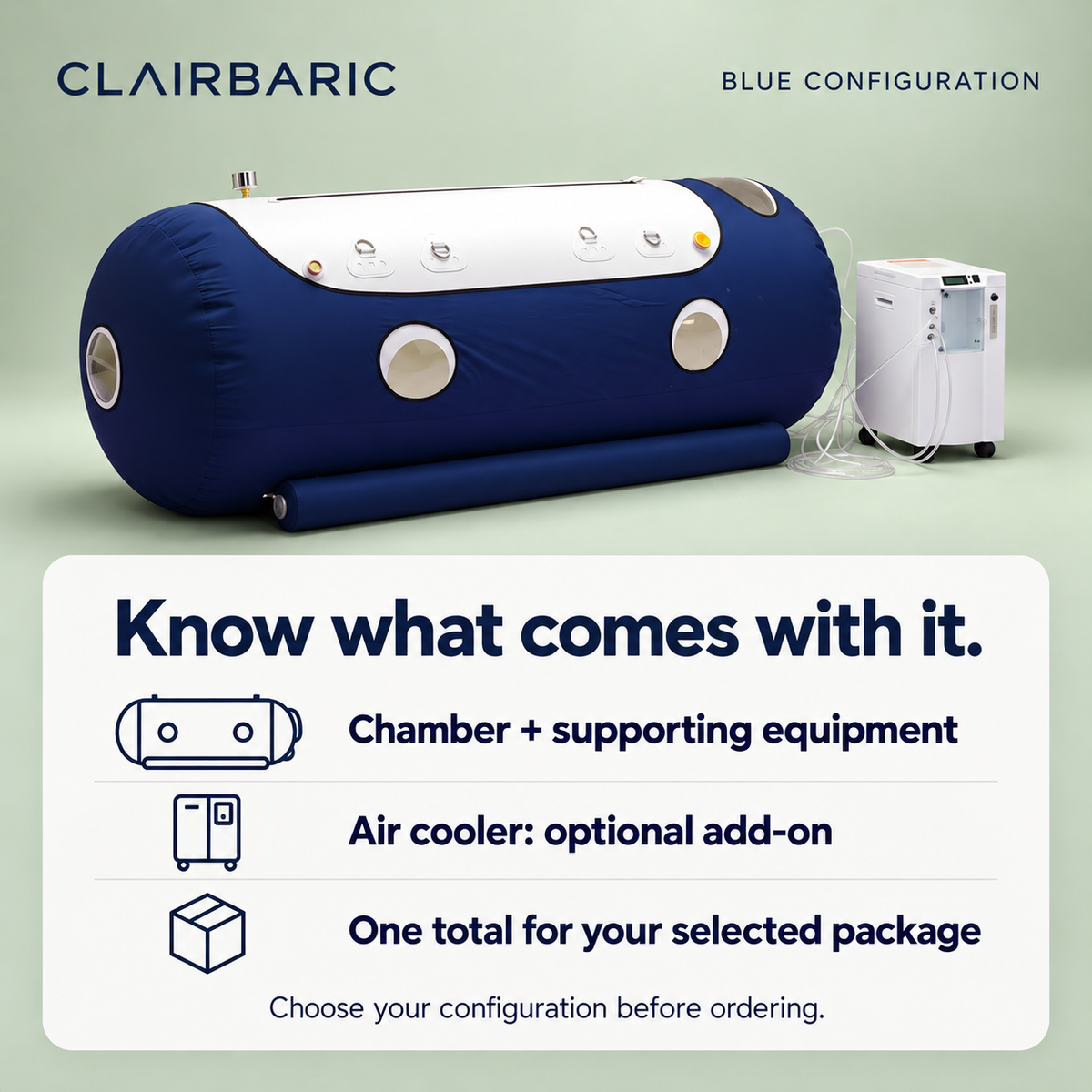 Blue chamber and supporting equipment. Air cooler is optional; total depends on the selected package — illustrated guide.