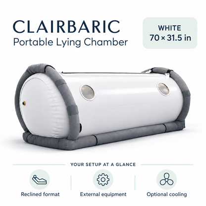 White 70 x 31.5 in Portable Lying Chamber. Reclined format, external equipment and optional cooling — illustrated configuration guide.