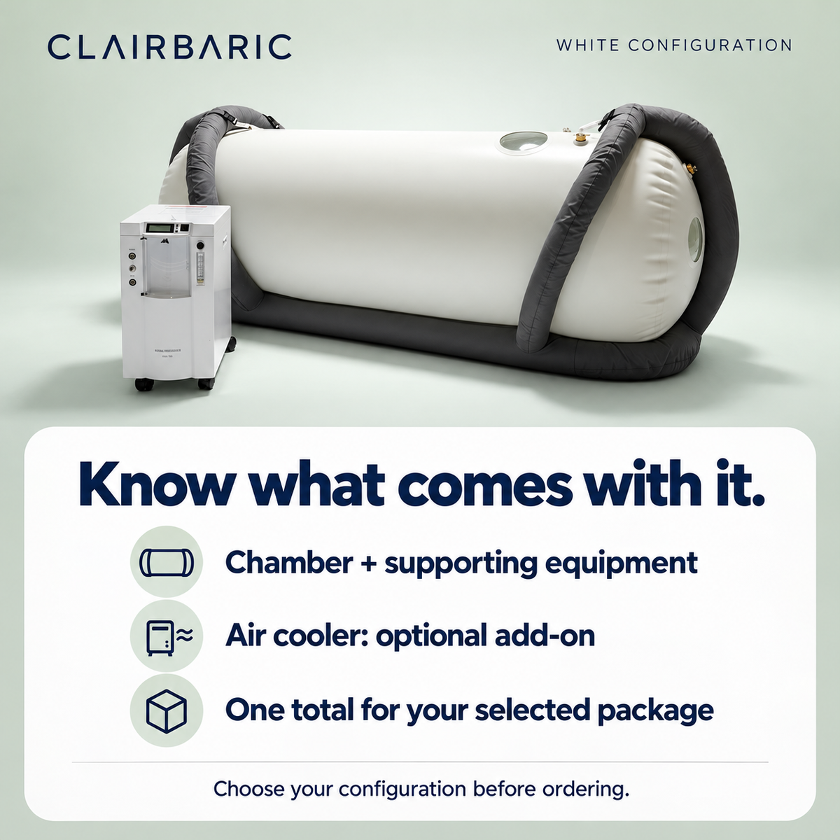 White chamber and supporting equipment. Air cooler is optional; total depends on the selected package — illustrated guide.