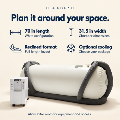 White chamber: 70 in length and 31.5 in width, reclined format and optional cooling. Allow extra room for equipment and access — illustrated guide.