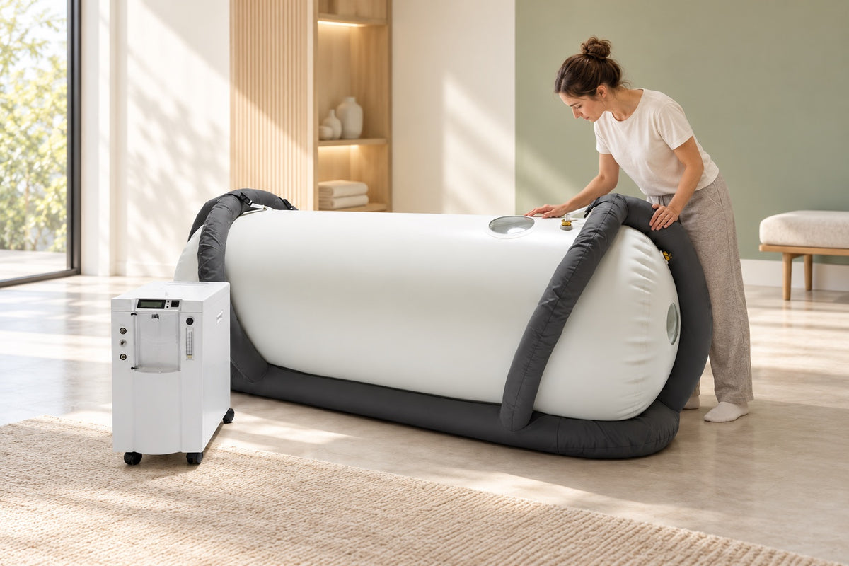 White Portable Lying chamber and external equipment in an illustrative home setting